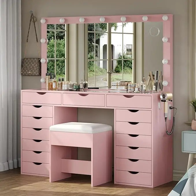 Vanity Desk with Mirror and Lights, Makeup Table with Charging Station, 3 Color Lighting Modes, 15 Drawers Dressing Table