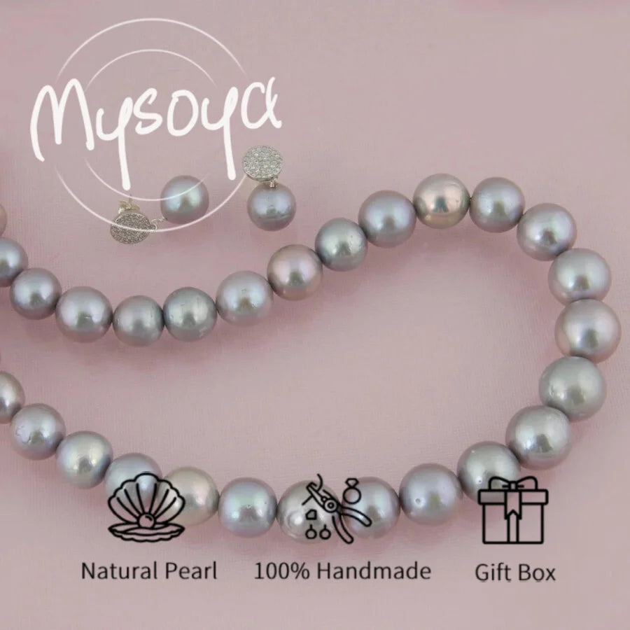 MYSOYA 11-13mm Gray Edison Pearl Earrings Necklace Set With Gift Box Perfect Gift For Wedding Birthday Christmas New Year