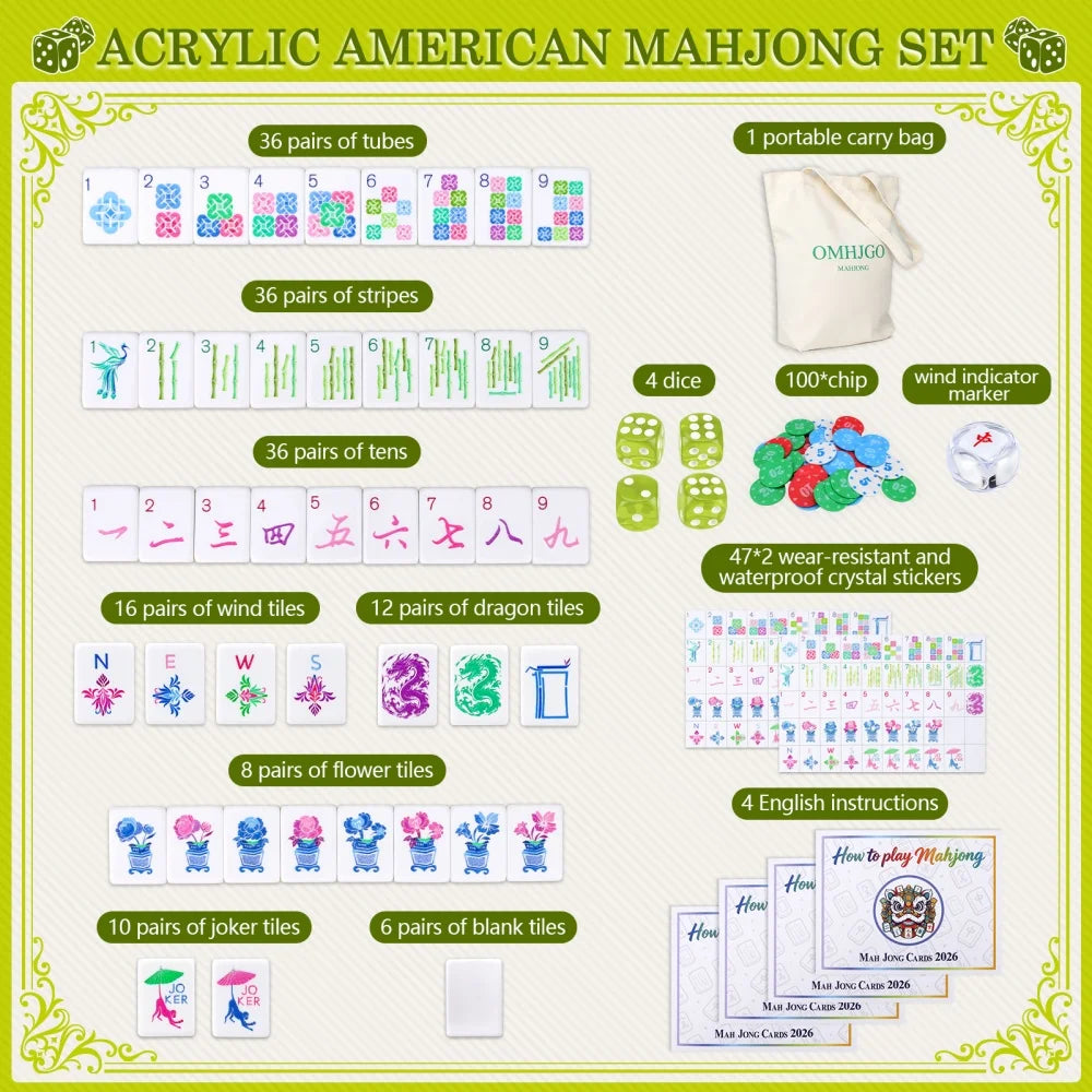 US Stock Light Green Luxury American Mahjong Set Acrylic Engraved Mahjong Tiles Travel Mah Jongg Sets for Adult Party Board Game