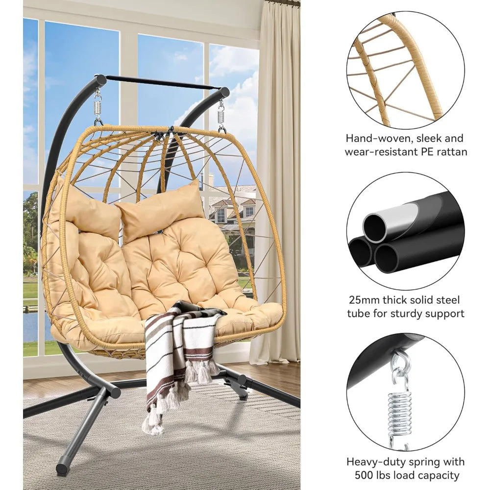 Patio Love Seat Double Egg Chair with Stand, 2 Person Couple Wicker Rattan Chair Outdoor Egg Chair with Cushion 500 Lbs, Beige