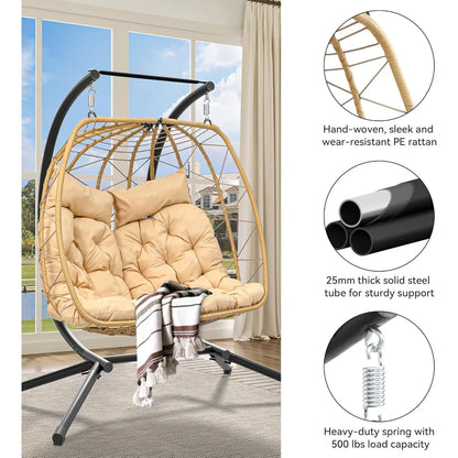 Patio Love Seat Double Egg Chair with Stand, 2 Person Couple Wicker Rattan Chair Outdoor Egg Chair with Cushion 500 Lbs, Beige