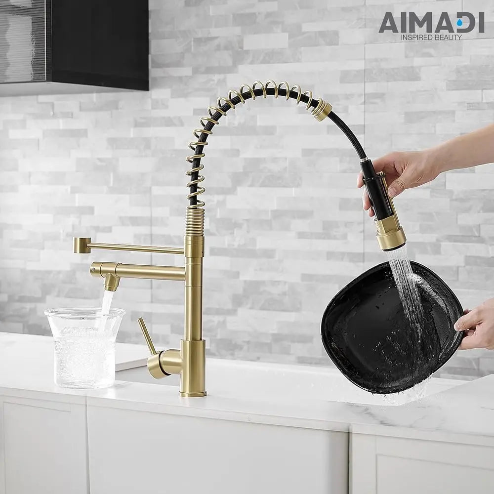 Brushed Gold Kitchen Faucet with Pull Down Sprayer, Commercial Gold Kitchen Sink Faucet Single Handle Spring Two Nozzles Faucets