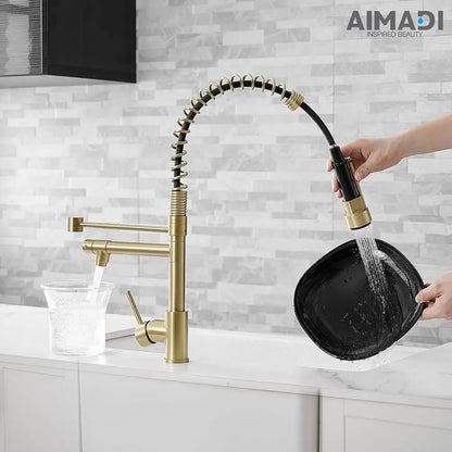 Brushed Gold Kitchen Faucet with Pull Down Sprayer, Commercial Gold Kitchen Sink Faucet Single Handle Spring Two Nozzles Faucets