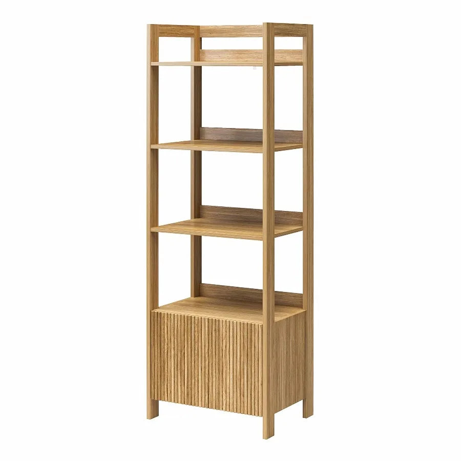 Mainstays Natural Teak Reeded 4‑Shelf Bookcase with Drawer Wooden Display Storage Bookshelf for Living Room Home Office