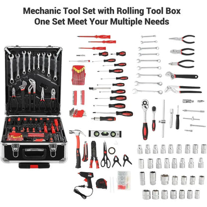 Piece Tool Kit with Rolling Tool Box, Socket Wrench Hand Tool Set Mechanic Case Trolley Portable House Repair Kit Set