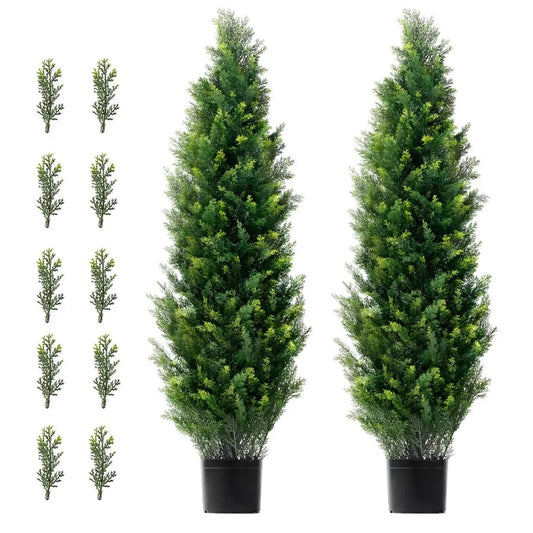 Artificial Cedar Topiary Tree 48 inch Tall 2 Pieces with Extra Leaves Pot UV Rated Faux Evergreen Fake Pine Cypress Trees Plant