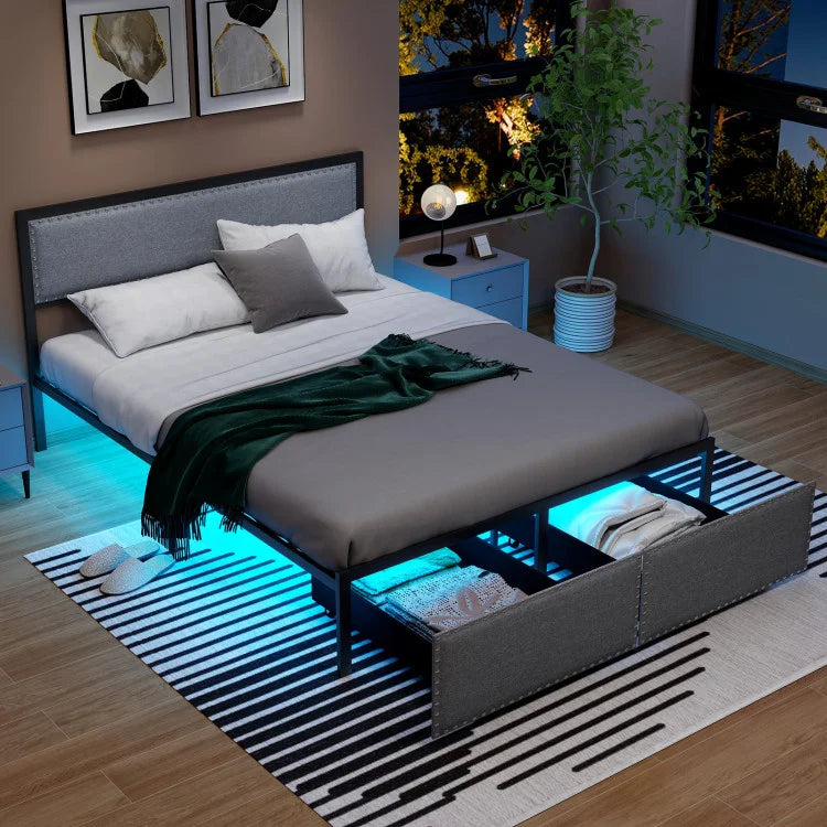 Full/Queen/Twin Size Bed Frame with LED Lights Drawer and Metal Slats