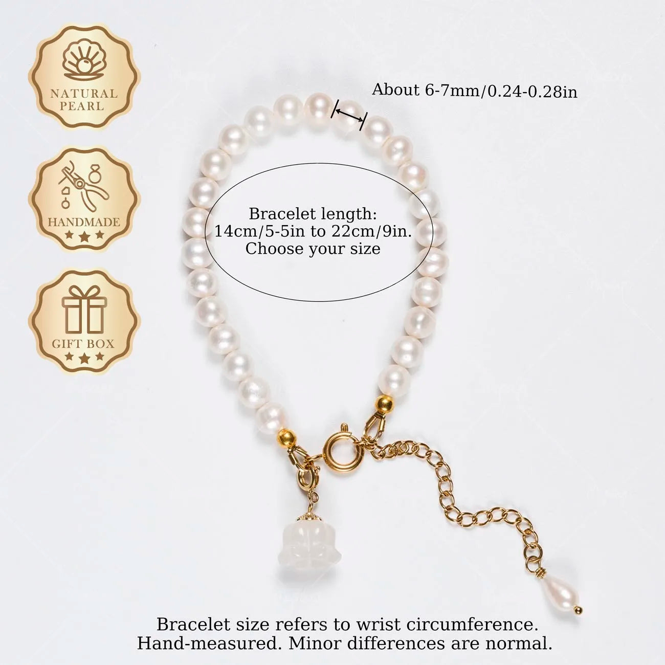 Mysoya White Freshwater Pearl Bracelet 6-7mm Lily of the Valley Pendant Golden Extender Gift Box Valentine's Day Birthday