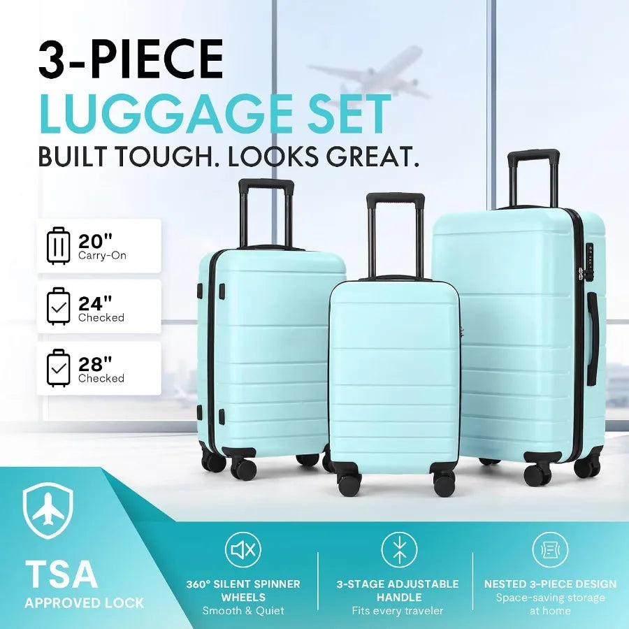 Luggage Set of 3 20 24 28 Spinner Suitcases TSA Lock Sky