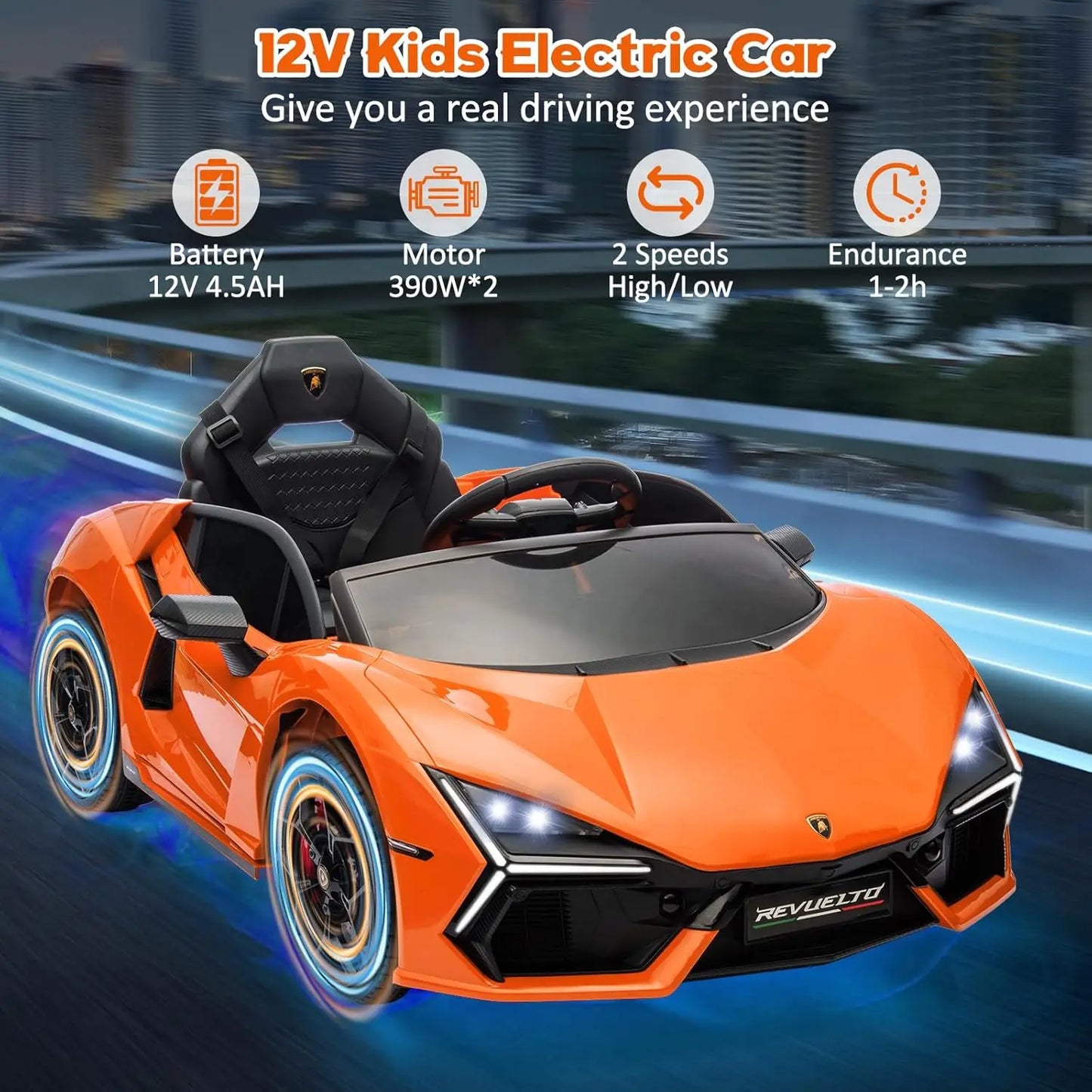 12V Ride On Car for Kids Electric Vehicle Battery Powered Sports Car Toy with Bluetooth, USB, Music, Remote Control, Headlight