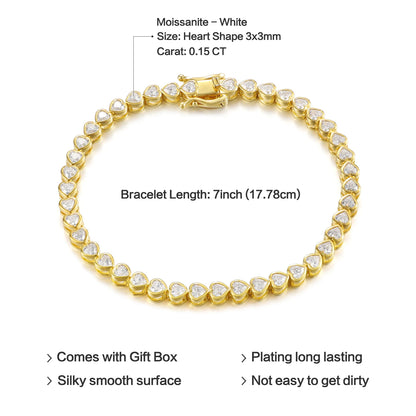 GEM'S BALLET Heart Shape 3x3mm Moissanite Bezel Set Tennis Bracelet 925 Sterling Silver 14K Gold Stackable Bracelet Gift for Her