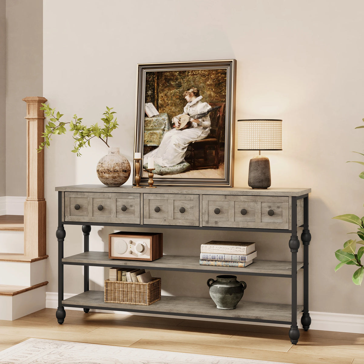 52.5 in Long Console Tables for Entryway with 3 Drawers, 3-Tier Industrial Metal Frame Sofa Table with Roman Column Legs for Hallway, Living Room, Foyer
