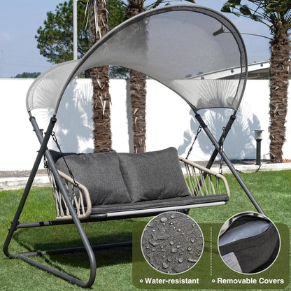 Outdoor Porch Swing, Patio Swing with Canopy, Hanging Glider Bench with Thicken Cushions and Pillow, Patio Hammock Lounge