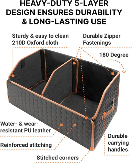 Foldable Car Trunk Organizer with Magnetic Lid, 17.7" Storage Tote for Groceries and Travel Gear in Black-Brown