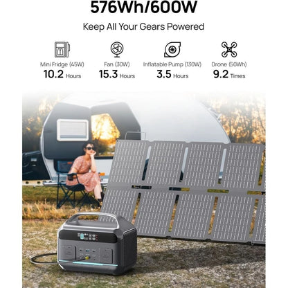600W Portable Power Station with 100W Solar Panel, 576Wh LiFePO4 Battery, 1-Hour Fast Charge, USB-C PD, Ideal for Outdoors and E