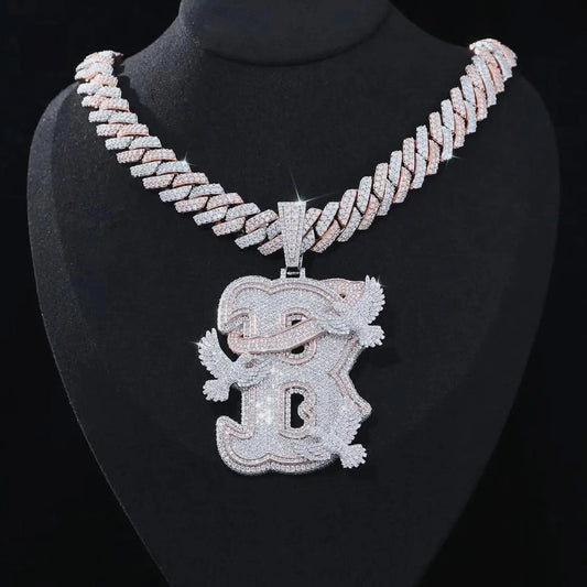 LYEE CYEE Exquisite Jewelry Two Tone Full Diamond Peace Dove Letter B Rap Pendant Necklace Round Cutting Fashionable Charm Hip Hop Jewelry, Exquisite Cutting Craftsmanship, Shining with Light, Festival, Anniversary Gift, Birt