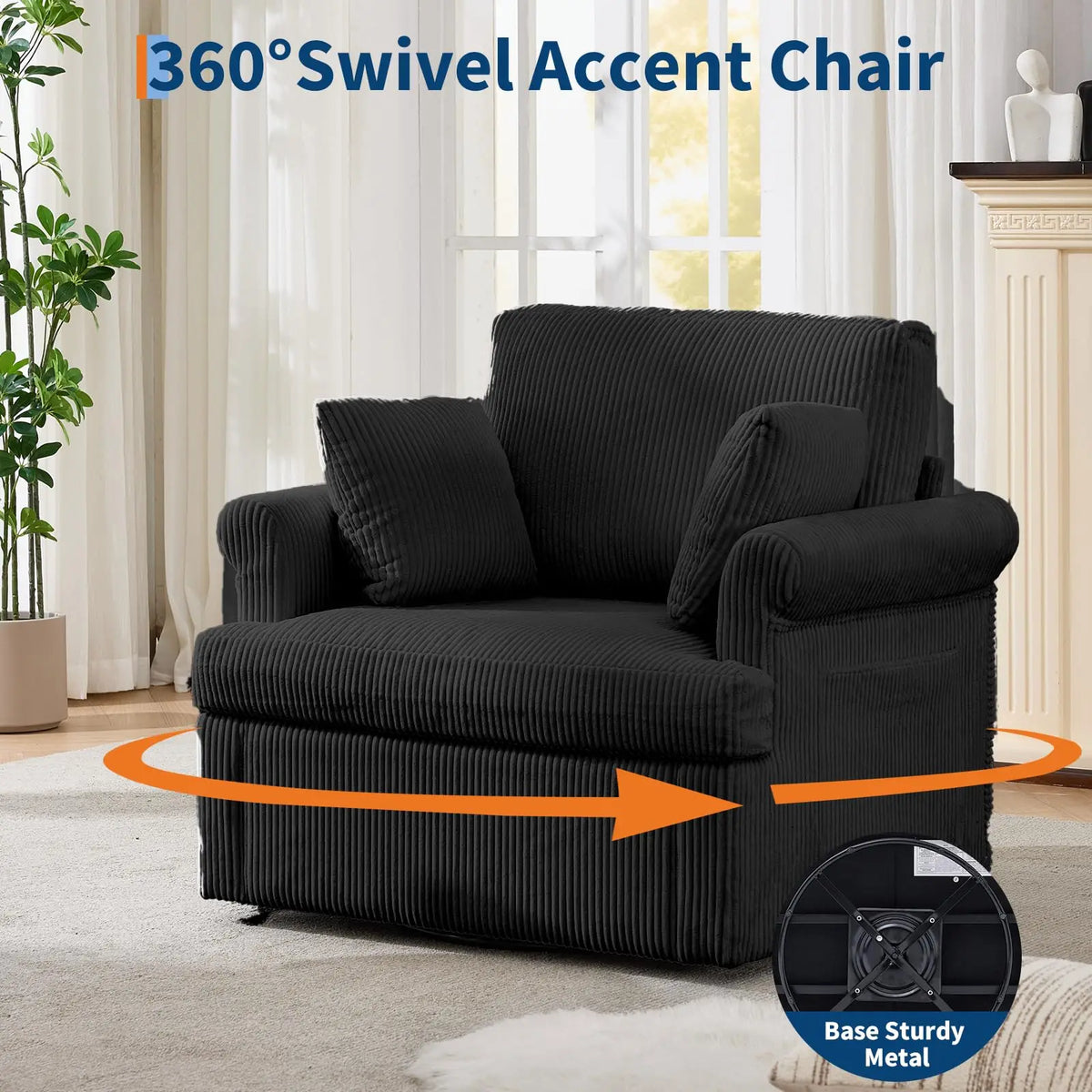 Mid Century 360 Degree Swivel Armchair With 2 Pillows Modern Swivel Chair Corduroy Ergonomic Lounge Reading Chair Single Sofa For Living Room Bedroom Office Black