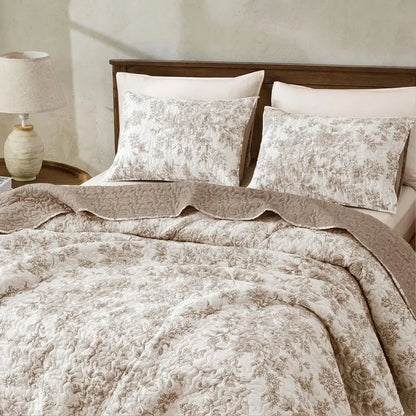 Floral Cotton Quilt King Size Stitch Bedding Set, Taupe Lightweight Comforter Cabin Blanket Farmhouse Bedspread with Pillow Sham
