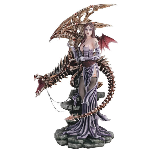 26"H Gothic Fairy with Skeleton Ghost Dragon Figurine Large Sculpture – Fantasy Dragon Statue with Faux Crystal Geode Base, Decorative Resin Collectible for Office Desk, Bookshelf, Home Decor, Gothic Gift for Dragon Lovers