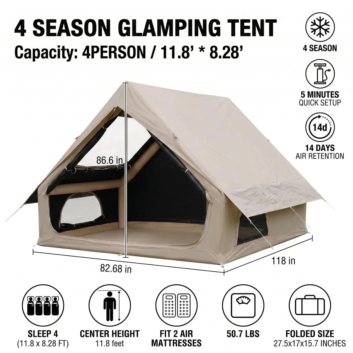 6.3㎡ Inflatable Camping Tent Full Set Outdoor Sunscreen Thicken Oxford Cloth Rainproof Field Overnight Camp Marquee by IHOMEINF