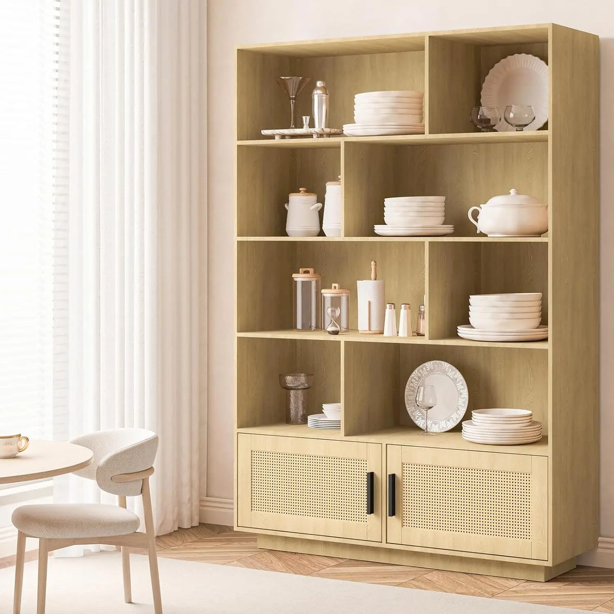 5 Tier Bookshelf, Boho Bookcase with Rattan Doors, Wooden Bookcase and Bookshelf with Storage for Living Room