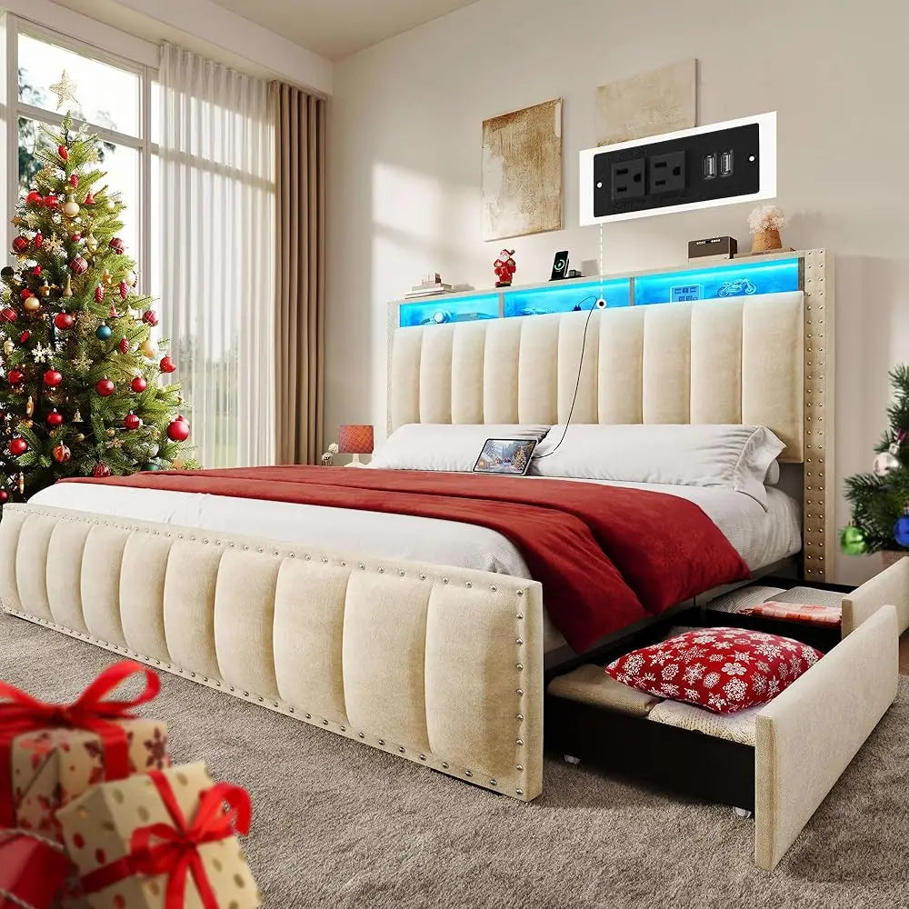 LED Full-KING Size Bed Frame with 4 Storage Drawers, Velvet Upholstered Platform Bed & Charging Station and Storage Headboard