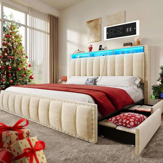 LED Full-KING Size Bed Frame with 4 Storage Drawers, Velvet Upholstered Platform Bed & Charging Station and Storage Headboard