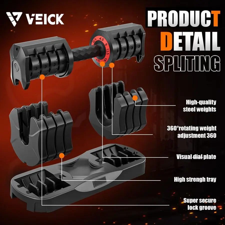 25 55 lbs Adjustable Dumbbell with AntiSlip Turning Handle, Fast Adjust Weight for Men Women, Exercise Equipment with Tray for H