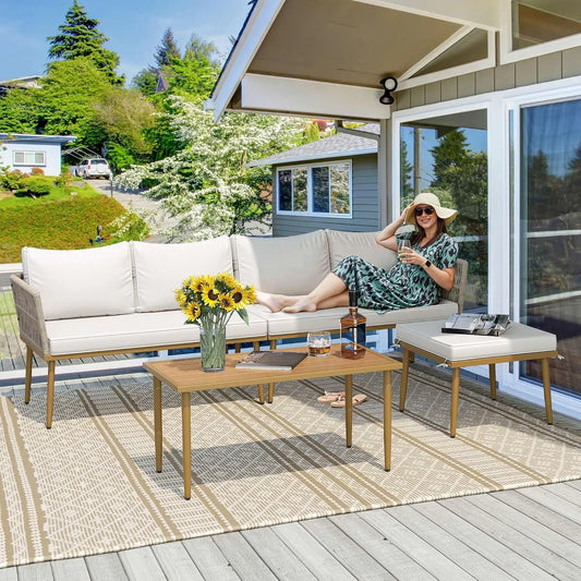 6-Piece Outdoor Rattan Sofa Set with Ottoman and Side Table, Boho Beige Patio Furniture for Backyard