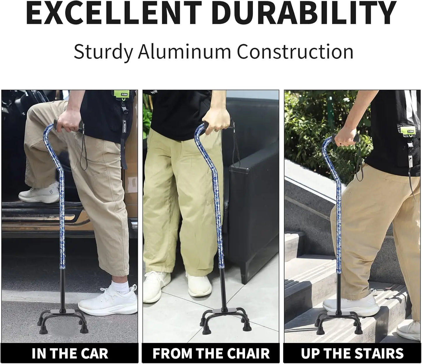 Adjustable Quad Cane with 4-Prong Base for Stability, Folding Aluminum Walking Stick for Seniors