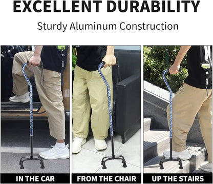 Adjustable Quad Cane with 4-Prong Base for Stability, Folding Aluminum Walking Stick for Seniors
