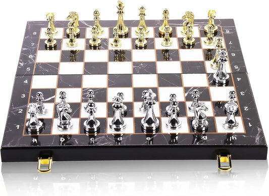 Large Metal Chess Set with Storage, 15' Marbled Board, 32 Zinc Alloy Pieces, 2 Extra Queens, Folding Portable Travel Game