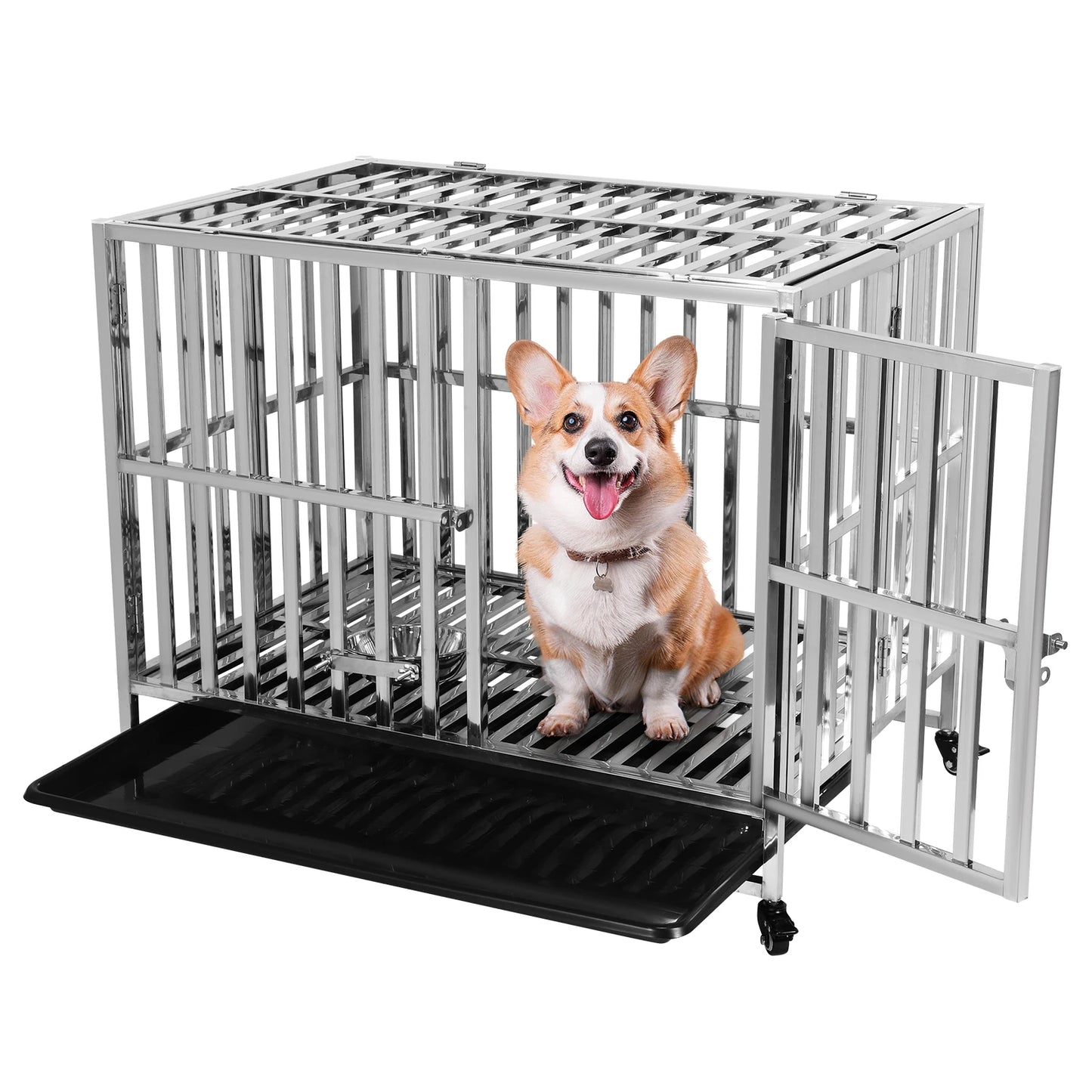 37 Inch Steel Tube Metal Pet Dog Crate with Tray Feeding Bowl Dog Crate Cage Kennel for High-Anxiety and Extra Large Dogs