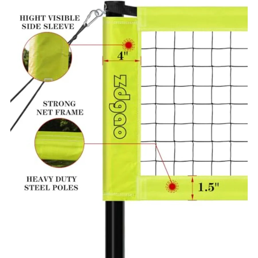 Outdoor Portable Volleyball Net System - Adjustable Hght Poles with Soft Volleyball Ball Pump Hammer Boundary Line and Carry Ba