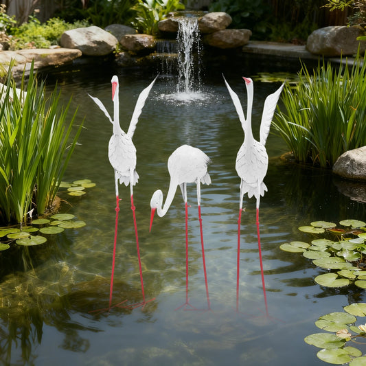 Artificial Egret Prop Decoration 3 PCS Crane Statues 3-Pack Outdoor Crane Statue Ornaments Realistic Crane Decoration