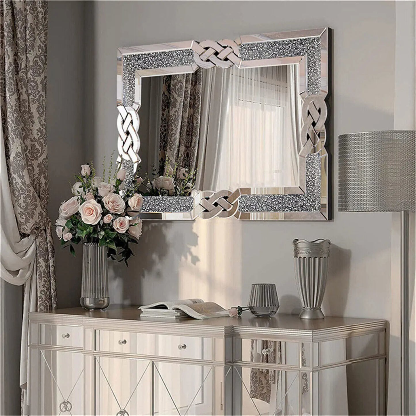 XL Large Crystal Crush Diamond Mirror Vanity Silver Decorative Wall Hang Mirror