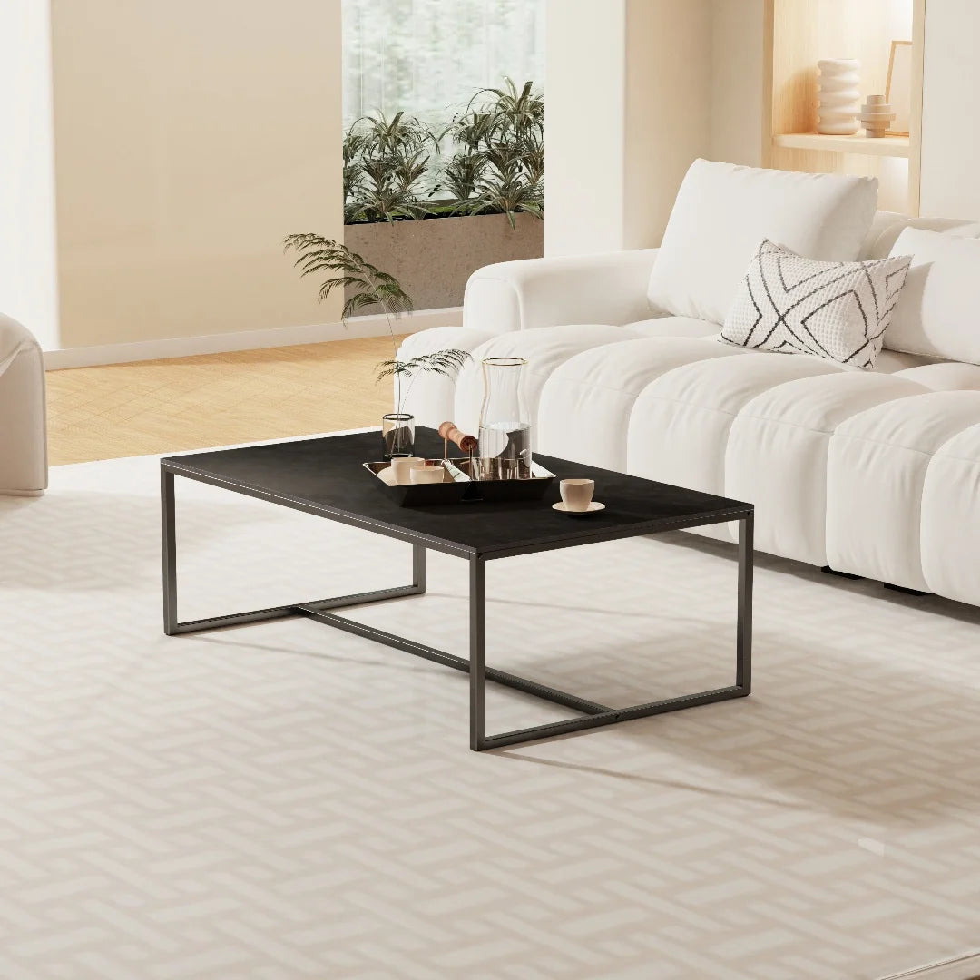 LUVODI Rectangular Coffee Table 100x60cm Sintered Stone Top Black Metal Frame Modern Center Table for Living Room