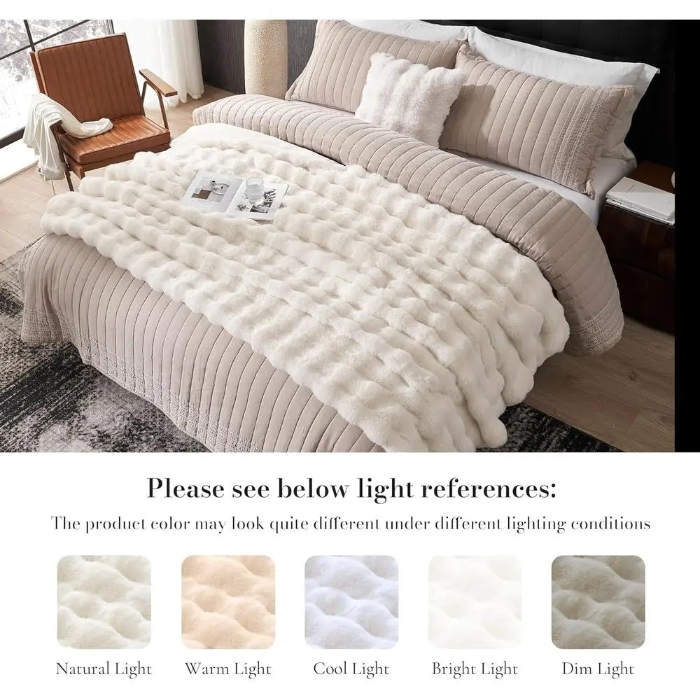 Faux Fur Throw Blanket for Bed, Ultra Soft Fuzzy Plush Bubble Blanket for Bedroom & Bed Decor, 90x90, Cream White