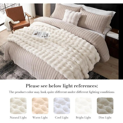 Faux Fur Throw Blanket for Bed, Ultra Soft Fuzzy Plush Bubble Blanket for Bedroom & Bed Decor, 90x90, Cream White