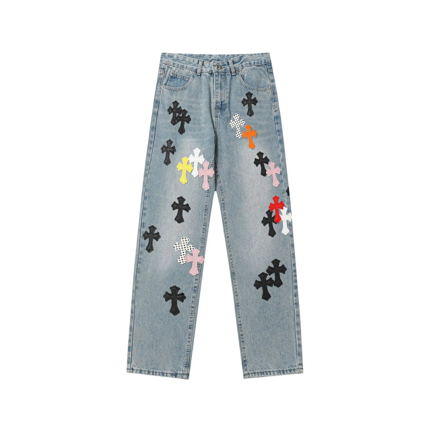 Classic Luxury Brand Men Women Leather Jeans Totem Patch Casual Pants Fashion Metal Embellished Couple Wear 2025