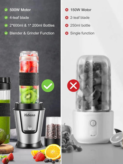 Personal Blender, 500W Electric Shake Bottle with 2x20oz Travel Cups, Portable Shaker for Protein, Smoothies & Coffee (Black)