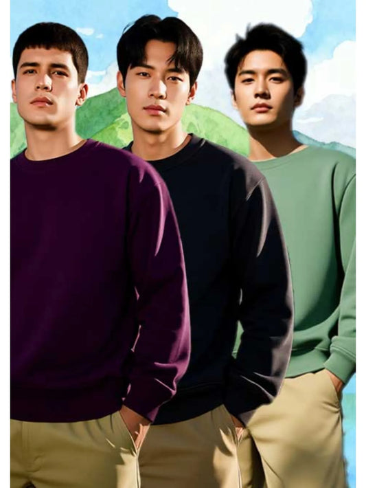 Three piece men's classic round neck sweatshirt set made of cotton blend, soft and comfortable, warm and perfect for daily
