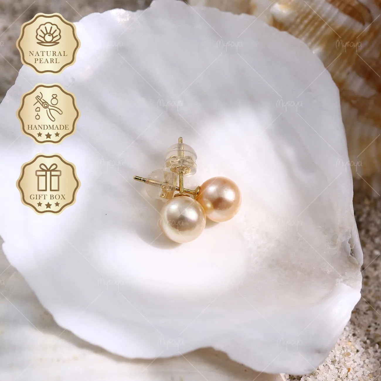 Mysoya Japan Akoya Cream Golden Pearl Stud Earrings 7-7.5mm S925 Gift Box Valentine's Day Birthday Gift For Her