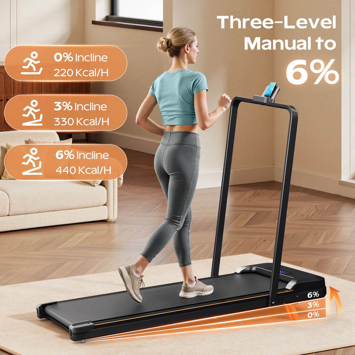 KERDOM 4 in 1 Climbing Treadmill with Handrail Handle Bar, Low Noise Running Pad with 6% Incline for Home Gym Fitness, LED Display & Phone Holder, Under Desk Portable Folding Walking Pad Space Saving for Office/Jogging/Pet Ex