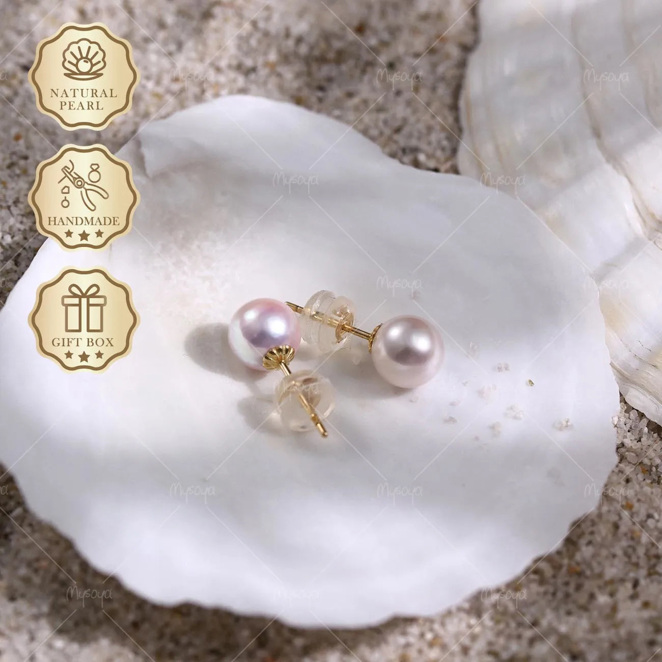 Mysoya Japan Akoya Pearl Stud Earrings 7-7.5mm K18 Gift Box Valentine's Day Birthday Gift For Her