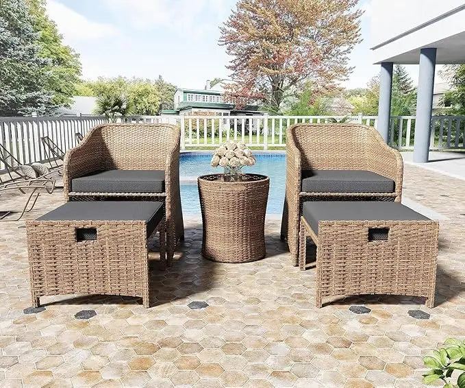 Outdoor Patio Wicker 5-Piece Furniture Set, No Assembly Required All-Weather Rattan Conversation Bistro & Storage Table for Gard