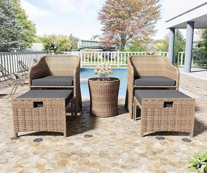 Outdoor Patio Wicker 5-Piece Furniture Set, No Assembly Required All-Weather Rattan Conversation Bistro & Storage Table for Gard