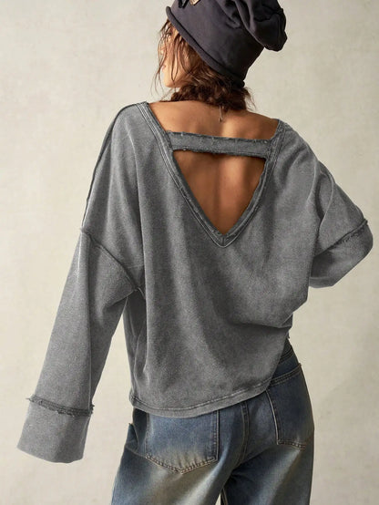 Women's V-Neck Backless Loose Sweatshirt with Flare Sleeves, Casual Long Sleeve Top