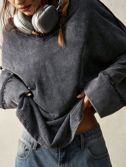 Women's V-Neck Backless Loose Sweatshirt with Flare Sleeves, Casual Long Sleeve Top