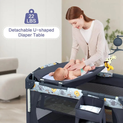 5-in-1 Baby Bassinet Bedside Crib, Pack and Play Long Next to Parents Bed Crib with Toys & Music Box, Mattress, Foldable Playard